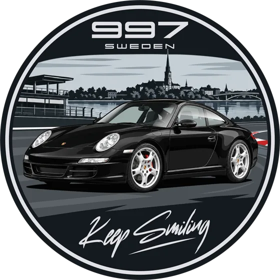 A round seal for a black 997 Carrera 4S: the car on track between a grandstand and the skyline of Västerås, under 997 Sweden, signed Keep Smiling.