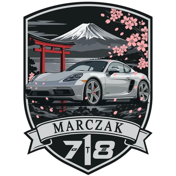 A shield crest for a silver 718 Cayman GTS: the car before Mount Fuji, a red torii in still water and drifting cherry blossom, above the number 718.