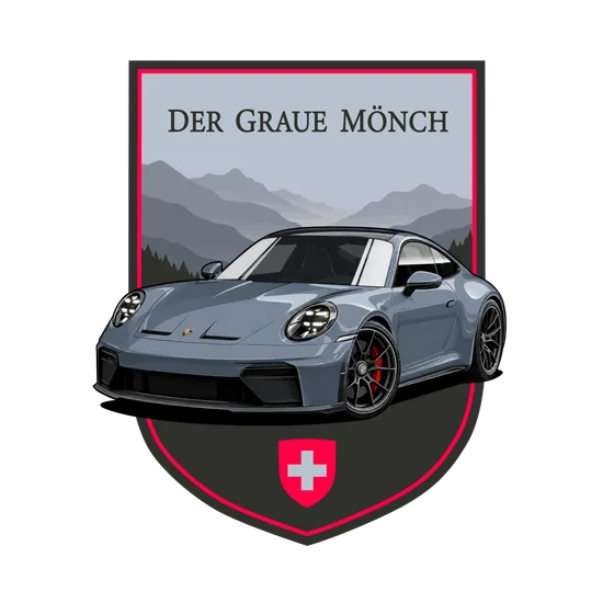 The Der Graue Mönch crest with the 911 GT3 Touring drawn over the ridgeline.