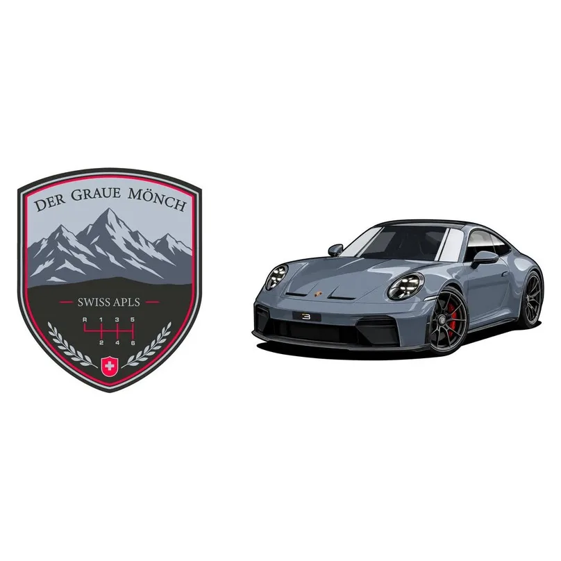 The first idea for Der Graue Mönch: a small shield with the Swiss Alps, beside the car.