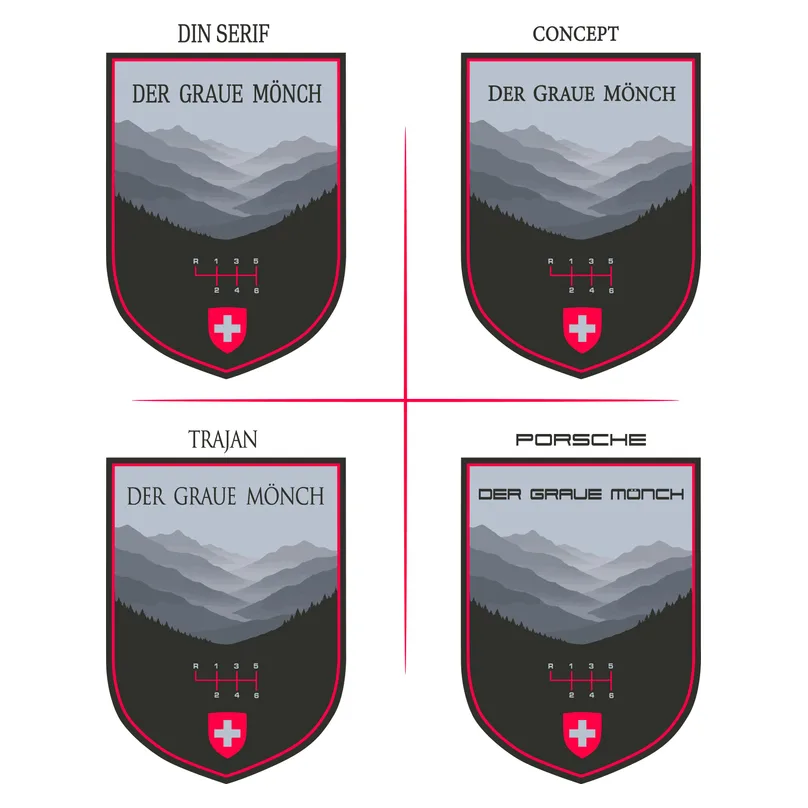 Four versions of the Der Graue Mönch lettering, side by side.